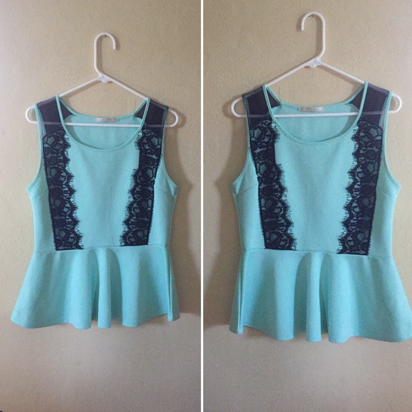L Cyan Blue Peplum Top - Picture 1 of 7